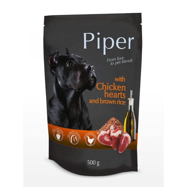 Piper Adult 500 гр. пауч - Пилешки сърца и кафяв ориз , с масло от ленено семе