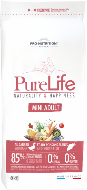 Flatazor PureLife Mini Adult за кучета с патица и бяла риба, 8кг
