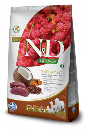 N&D DOG QUINOA SKIN &COAT- храна без зърно за кучета над 1г с еленско, за здрава кожа и козина
