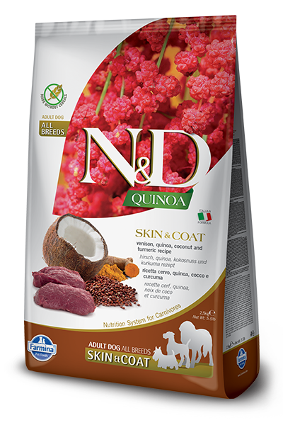 N&D DOG QUINOA SKIN &COAT- храна без зърно за кучета над 1г с еленско, за здрава кожа и козина