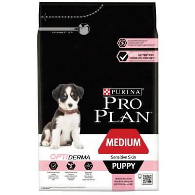 Pro Plan Medium Puppy Sensitive Skin с OPTIDERMA®, богата на сьомга 12 кг