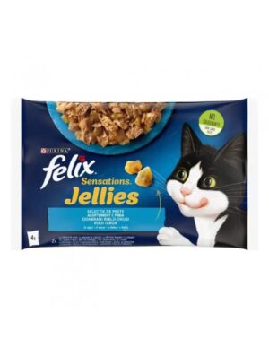 Purina Felix Sensations – Мокра храна в пауч за котки със сьомга и вкус на скариди в желе 4x85 г