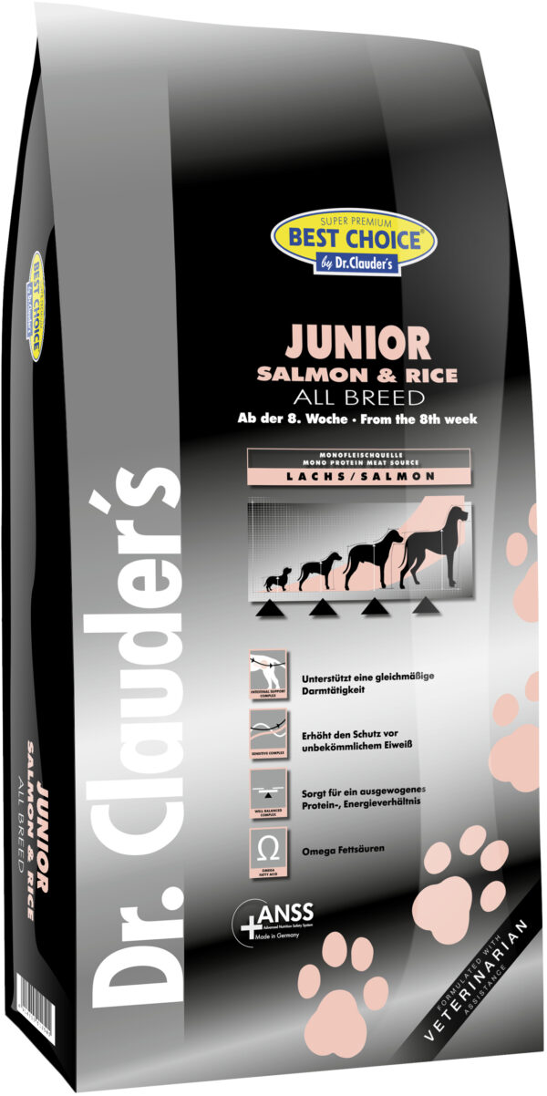 Dr. Clauder`s JUNIOR-ЗА ПОДРАСТВАЩИ КУЧЕТА ОТ ДРЕБНИ ПОРОДИ СЪС СЬОМГА И ОРИЗ