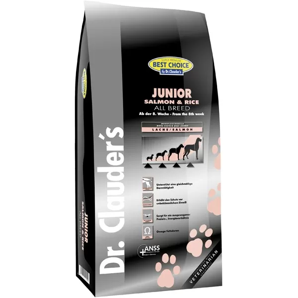 Dr. Clauder`s JUNIOR-ЗА ПОДРАСТВАЩИ КУЧЕТА ОТ ДРЕБНИ ПОРОДИ СЪС СЬОМГА И ОРИЗ