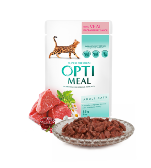OPTI MEAL POUCH CAT 4х85- Храна за котки пауч с ТЕЛЕШКО в сос от червени боровинки 4х85гр