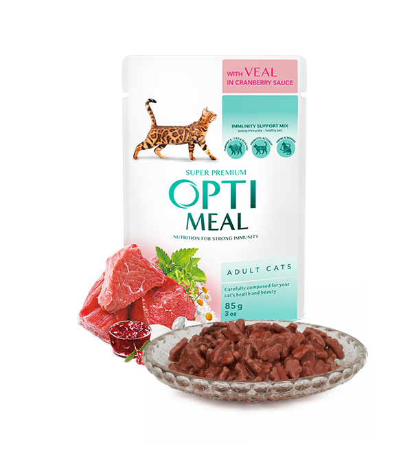 OPTI MEAL POUCH CAT 4х85- Храна за котки пауч с ТЕЛЕШКО в сос от червени боровинки 4х85гр