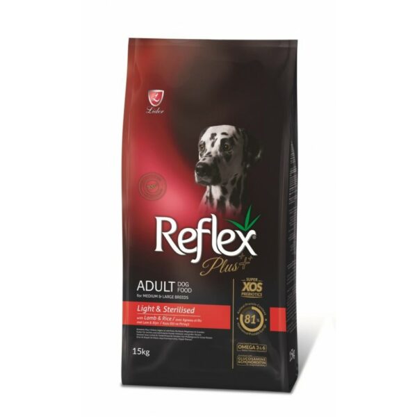 Reflex Plus Adult Dog Medium & Large Light & Sterilise за кастрирани кучета с агне и ориз 15кг