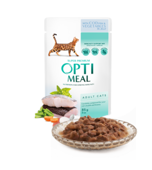 opti meal pouch cat 4x85 cod fish Храна за котки с треска и зеленчуци в желе 4х85гр