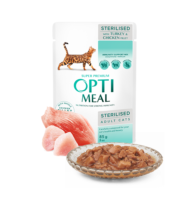 OPTI MEAL POUCH CAT 4х85- Храна за котки пауч с ПУЕШКО и ПИЛЕШКО 4х85гр