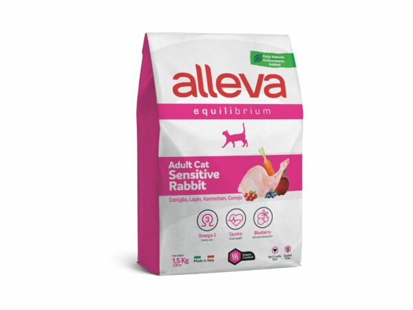 Alleva Equilibrium Sensitive Adult Cat със заешко, храна за котка 1.5кг + ПОДАРЪК въдица