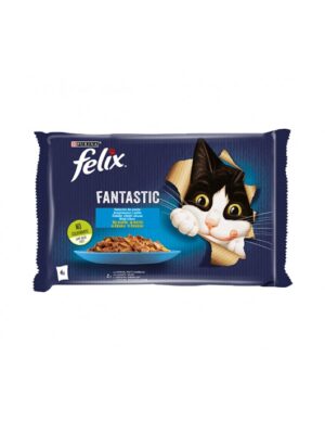 Purina Felix Fantastic – Мокра храна в пауч за котки със сьомга и писия в желе 4x85 г