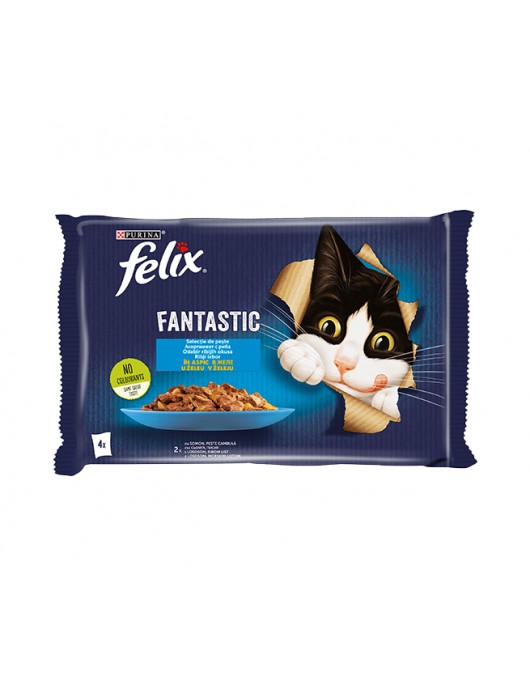 Purina Felix Fantastic – Мокра храна в пауч за котки със сьомга и писия в желе 4x85 г