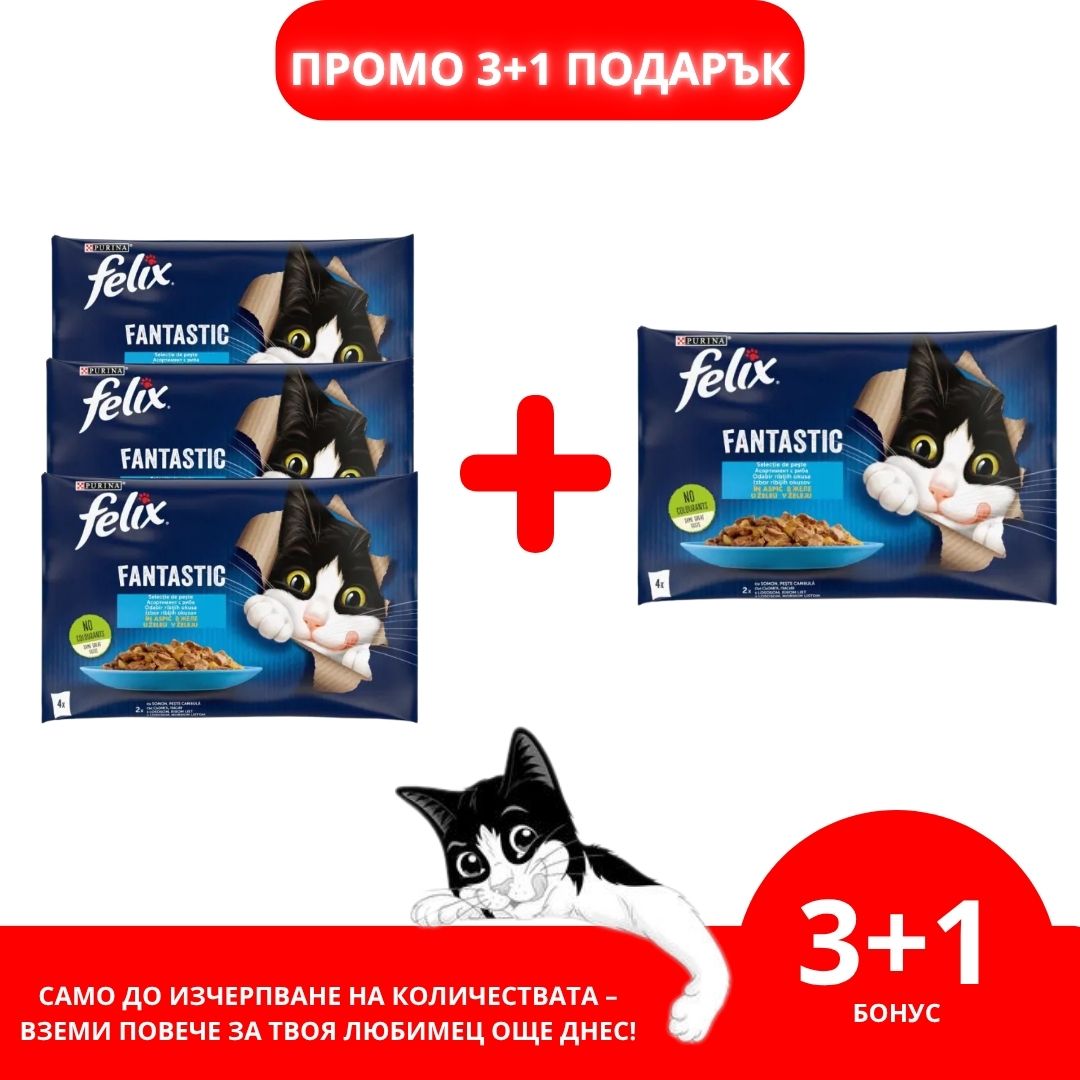Purina Felix Fantastic – Мокра храна в пауч за котки със сьомга и писия в желе 4x85 г