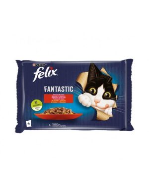 Purina Felix Fantastic – Мокра храна в пауч за котки телешко и пиле в желе 4x85 г