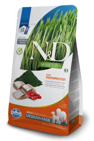 N&D SPIRULINA DOG HERRING & WOLFBERRY ADULT MEDIUM & MAXI - храна за средни и едри породи кучета над 1 година със спирулина, херинга и годжи бери - 7кг.