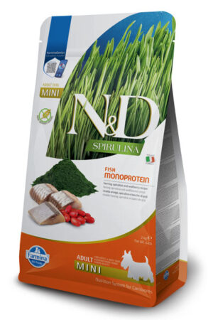 N&D SPIRULINA DOG HERRING & WOLFBERRY ADULT MINI - храна за дребни породи кучета над 1 година със спирулина, херинга и годжи бери - 2кг.