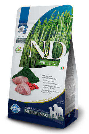 N&D SPIRULINA DOG LAMB & WOLFBERRY ADULT MEDIUM & MAXI - храна за средни и едри породи кучета над 1 година със спирулина, агне и годжи бери - 7кг.