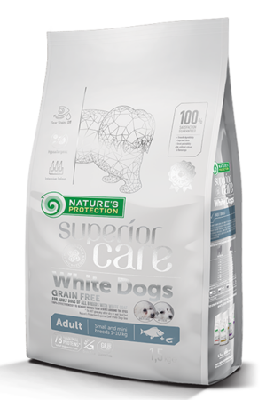 NATURE'S PROTECTION White Dogs White Fish Grain Free - Пълноценна храна без зърно с бяла риба за израснали кучета с бяла козина 1.5 kg
