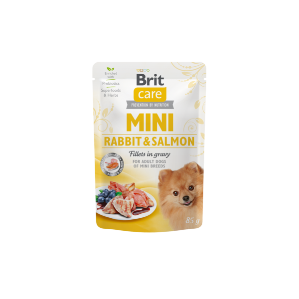 BRIT CARE MINI POUCH ADULT RABBIT & SALMON 85гр - за израснали кучета от дребни породи с заек и сьомга