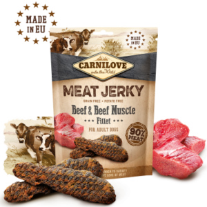 CARNILOVE MEAT JERKY BEEF & BEEF MUSCLE - ЛАКОМСТВО ЗА КУЧЕ С ТЕЛЕШКО МЕСО И ТЕЛЕШКИ МУСКУЛИ 100ГР