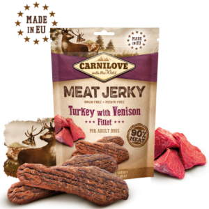 CARNILOVE MEAT JERKY TURKEY WHIT VENISON - ЛАКОМСТВО ЗА КУЧЕ С ПУЙКА И ЕЛЕН 100ГР