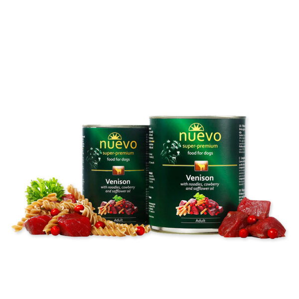 Nuevo Adult Dog Venison with noodles & cowberry - консерва за израснали кучета с елен, паста и боровинки 800гр