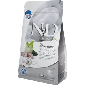 N&D White Dog Sea Bass, Spirulina&Fennel Puppy Mini – за подрастващи кучета с бяла козина от мини породи породи, с лаврак, спирулина и фенел 1,5кг
