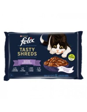 Purina Felix Tasty Shreds – Мокра храна в пауч за котки с говеждо, пиле, сьомга и риба тон, 4x80 г