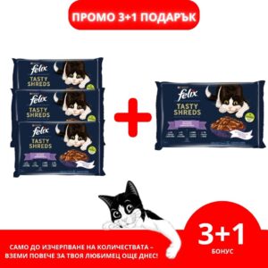 Purina Felix Tasty Shreds – Мокра храна в пауч за котки с говеждо, пиле, сьомга и риба тон, 4x80 г
