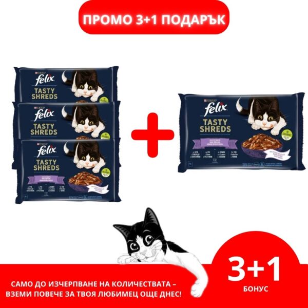 Purina Felix Tasty Shreds – Мокра храна в пауч за котки с говеждо, пиле, сьомга и риба тон, 4x80 г