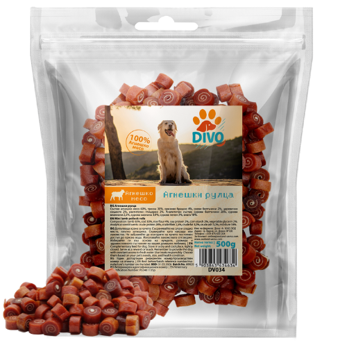 DIVO Агнешки Рулца 500g – Натурални Месни Лакомства от Агнешко за Кучета