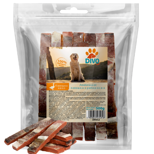 DIVO Лентички от Патешко Месо и Рибна Кожа 500g – Натурални Високопротеинови Лакомства за Кучета