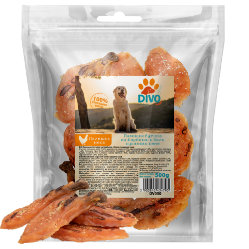 DIVO Пилешки Бутчета на Барбекю със Сусамово Семе 500g – Натурални Хрупкави Лакомства за Кучета