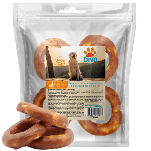 DIVO Пръстени от Говежда Кожа с Патешко Месо 12 см – 500g Натурални Дентални Лакомства за Кучета