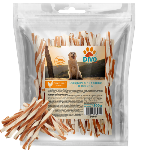 DIVO Сандвич Ленти с Пилешко и Треска 500g – Натурални Високопротеинови Лакомства за Кучета