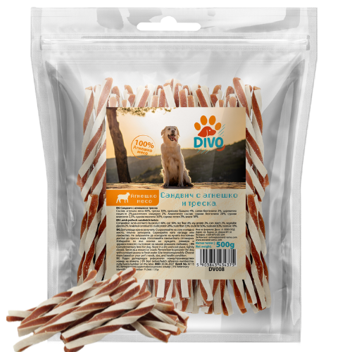 DIVO Сандвич с Агнешко и Треска 500g – Натурални Лакомства за Кучета